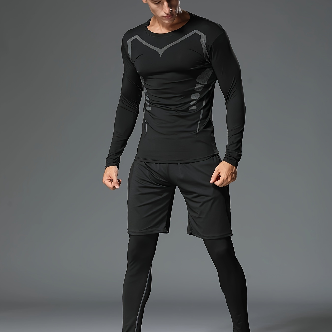 

Men's 3pcs Set, Long Sleeve Crew Neck Quick-dry Polyester Knit Fabric, Sports Running Basketball Outfit With Belt, Medium Stretch Pullovers For All