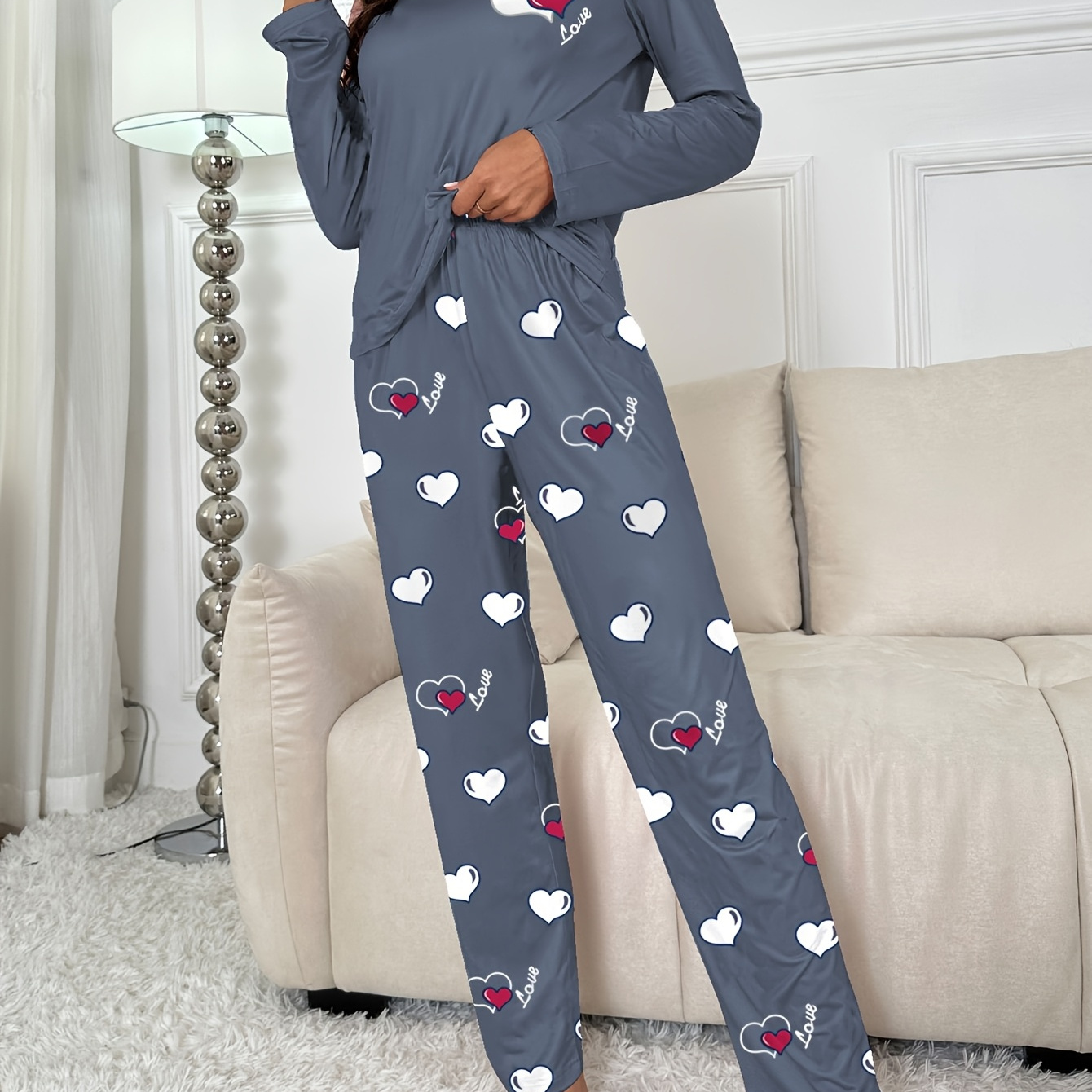 

Ensemble de pyjama décontracté à imprimé de cœur pour femme, haut à col rond à manches longues et pantalon, coupe décontractée confortable pour et l'hiver