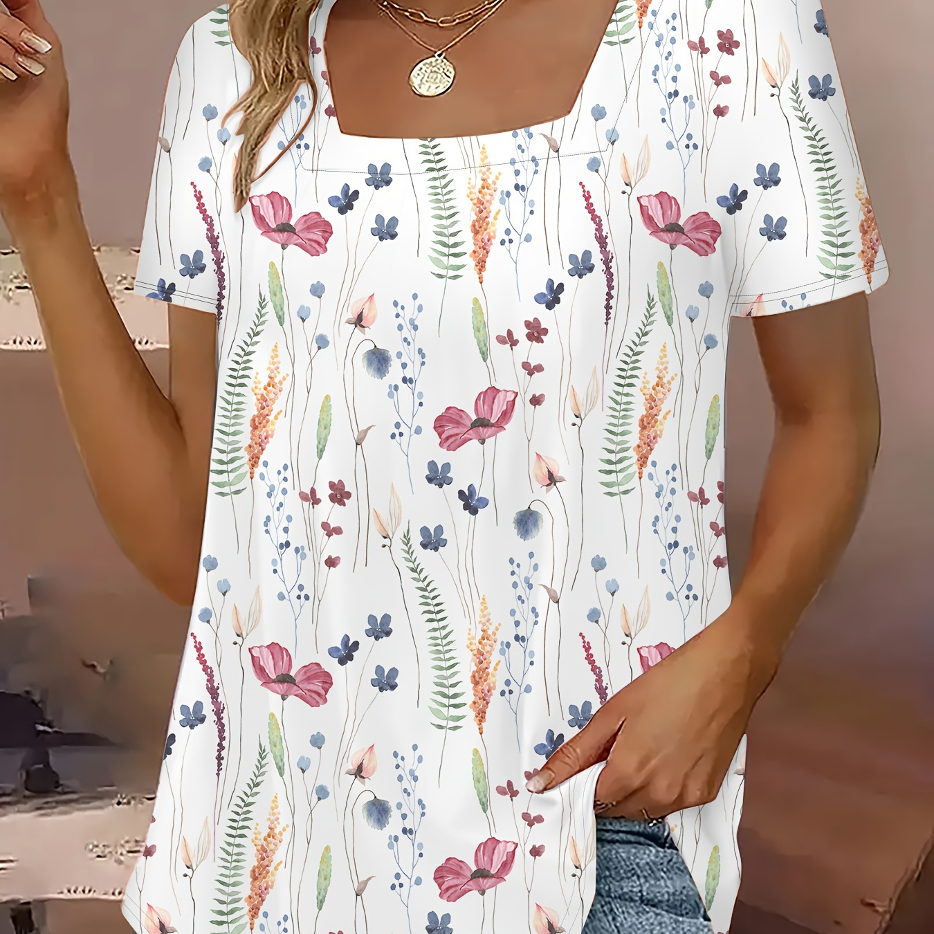 

1pc Plus Size Floral Short Sleeve T-shirt For Women, Polyester Knit Fabric, Square Neck, Stretchy, All