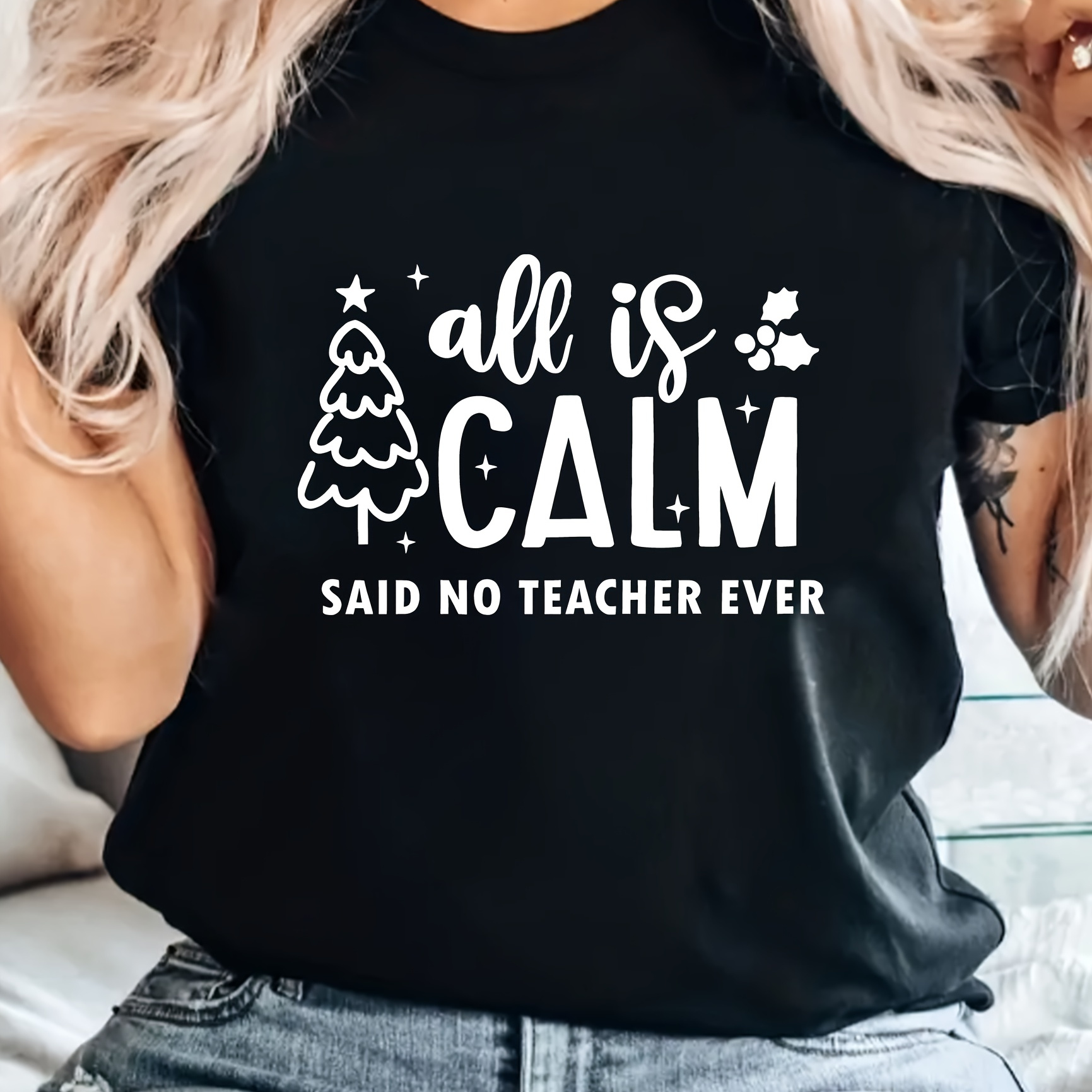 

1pc Women's Christmas- "all Is No Teacher " T-, Round , Polyester , Regular Length