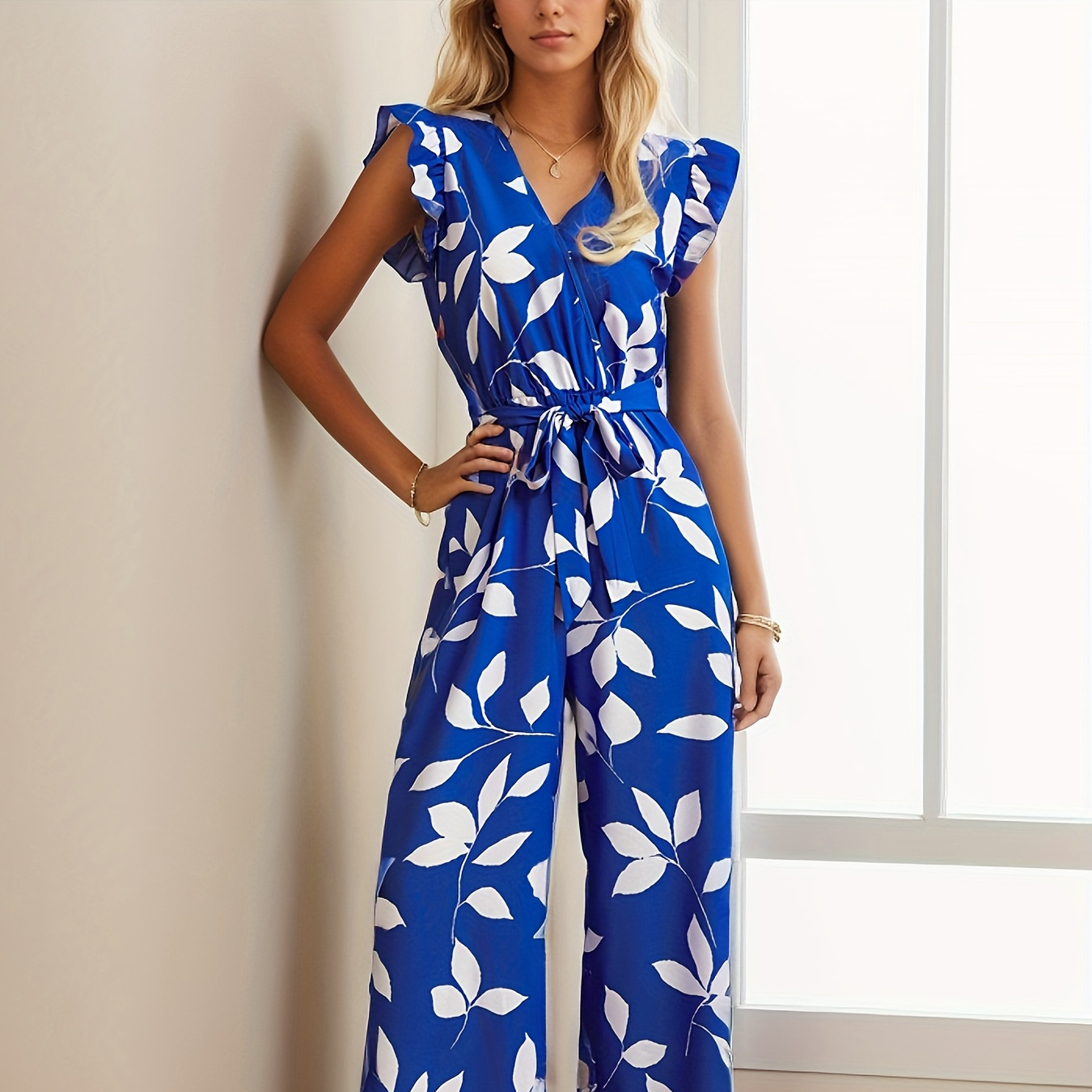 

Leaf Print V Neck Jumpsuit, Elegant Jumpsuit For Spring & Summer, Women's Clothing