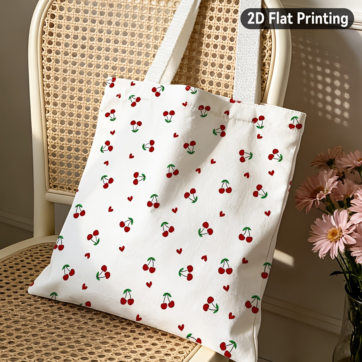 TEMU 2d Flat 1pc Cute Cherry Print Durable Tote Bag, Duplex Prints Red Cherries On White Background, Ideal For Grocery Shopping, Beach Trips, Weekend