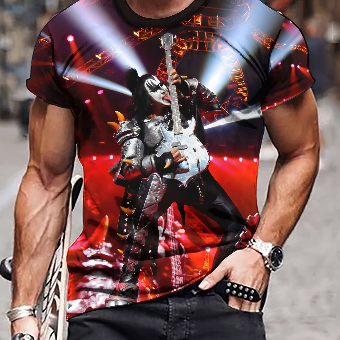 

Men's Casual 3d Printed Guitarist T-shirt - Polyester Knit Fabric, Round Neck, Regular Fit, Novelty Fashion