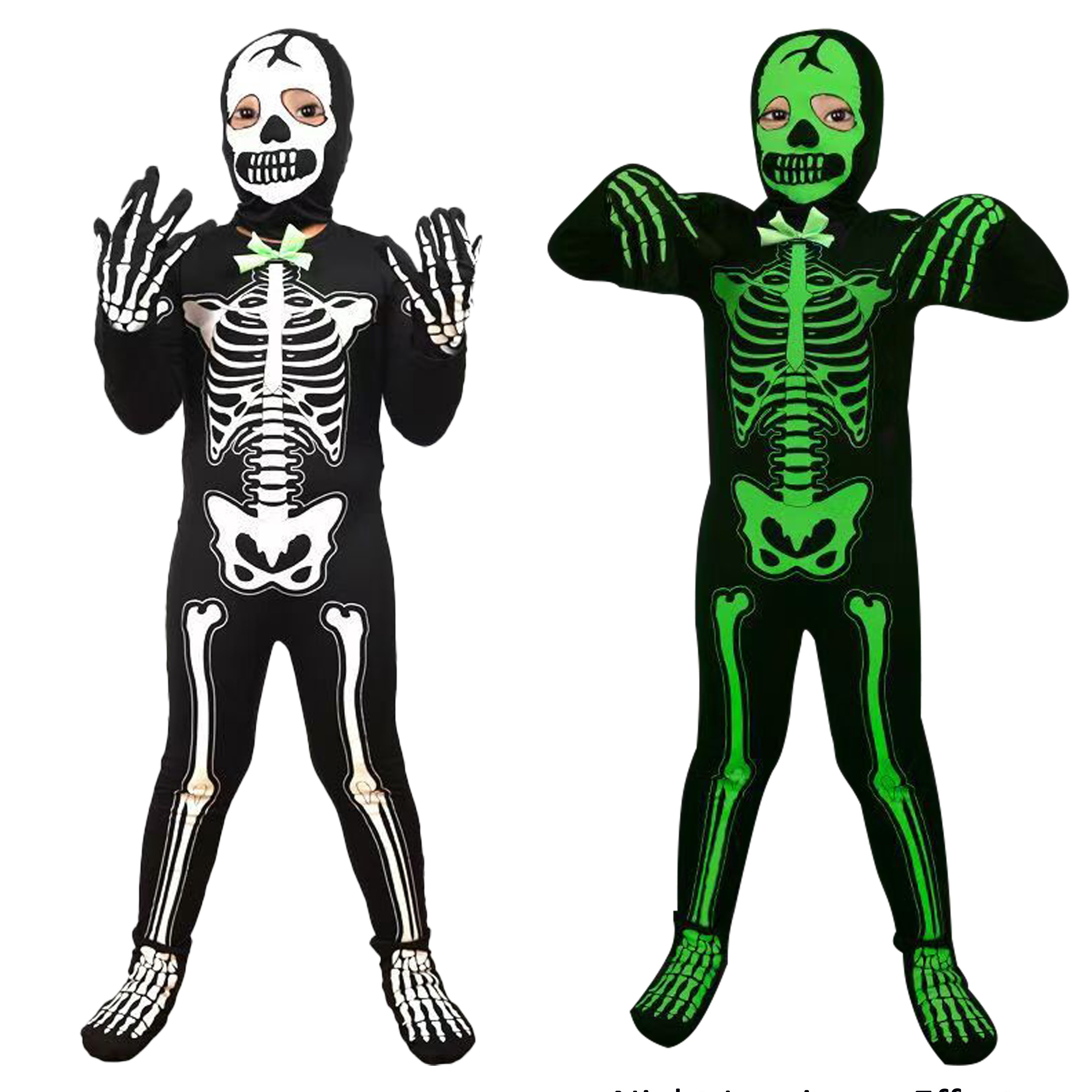 

Boys -the-dark Skeleton Dress Up Clothes 4pcs Set - Jumpsuit, Head Cover, Gloves, Foot Covers - Halloween Holiday Carnival Party, As Halloween Gifts