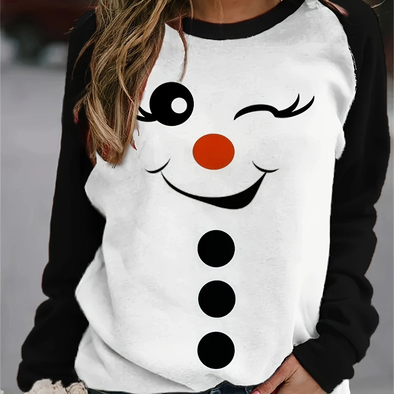 

Women's Plus Size Casual Crew Neck Pullover Sweatshirt - 100% Polyester Knit Fabric With Medium Stretch, Elegant Christmas Smile Snowman Print, Regular Length For Spring/fall