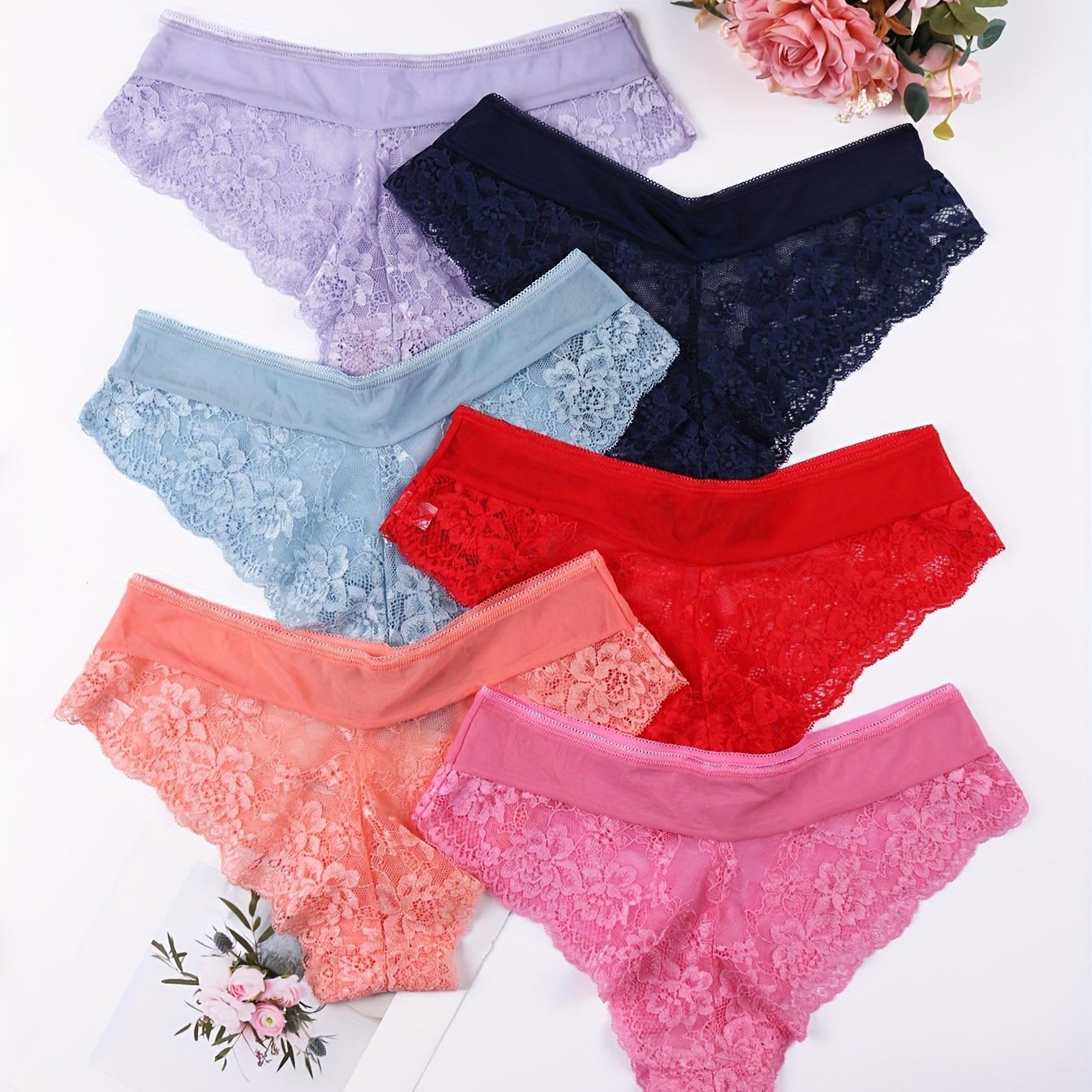 

6pcs Hot Floral Lace Briefs, Comfy & Breathable Intimate Panties, Women's Lingerie & Underwear