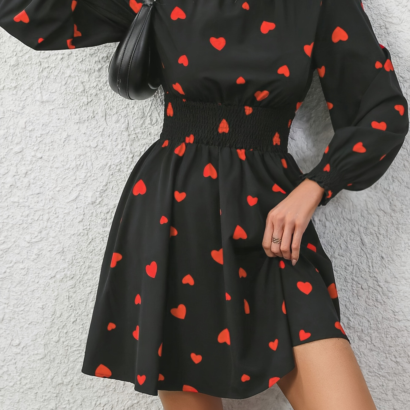 

Elegant Heart Print A-line Dress With Ruffle Trim - Breathable Polyester, Long Sleeve & Mock Neck For Women