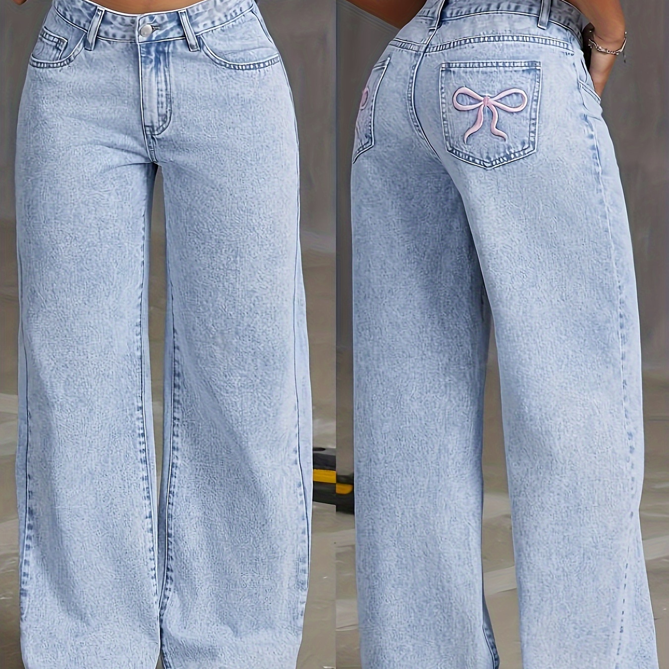 

Stylish Embroidered Wide Leg Jeans - Unique Bow Accent, Comfortable High-waisted Design, Soft Stretchy Fabric, Flattering Fit, Casual - Women's Fashionable Denim Pants