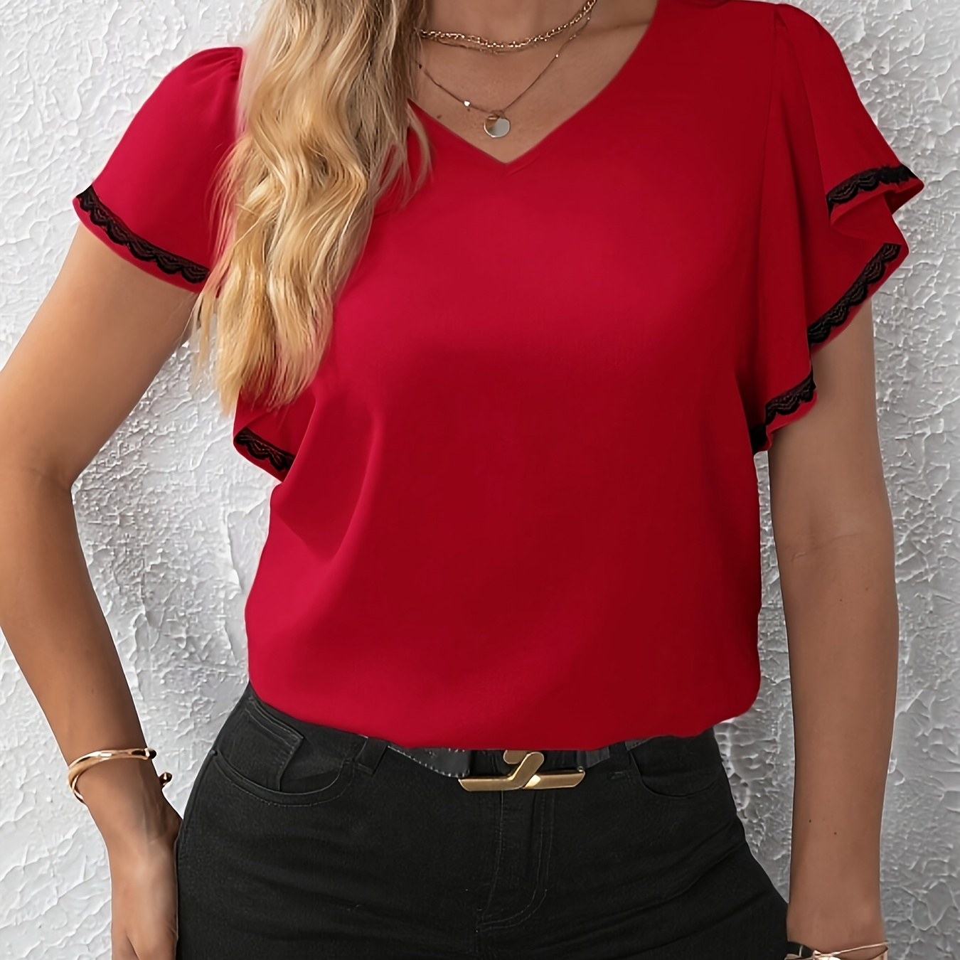 

Elegant V-neck Blouse For Women, Polyester And Spandex Blend, Solid Color, Woven Top With Contrast Lace Detail, For Spring/summer