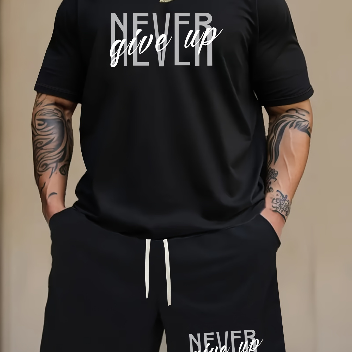 

2pcs, Men's Never Give Up Print Short Sleeve T-shirt Top + Elastic Waist Shorts Set For Summer Outdoor Sports, Men's Clothes