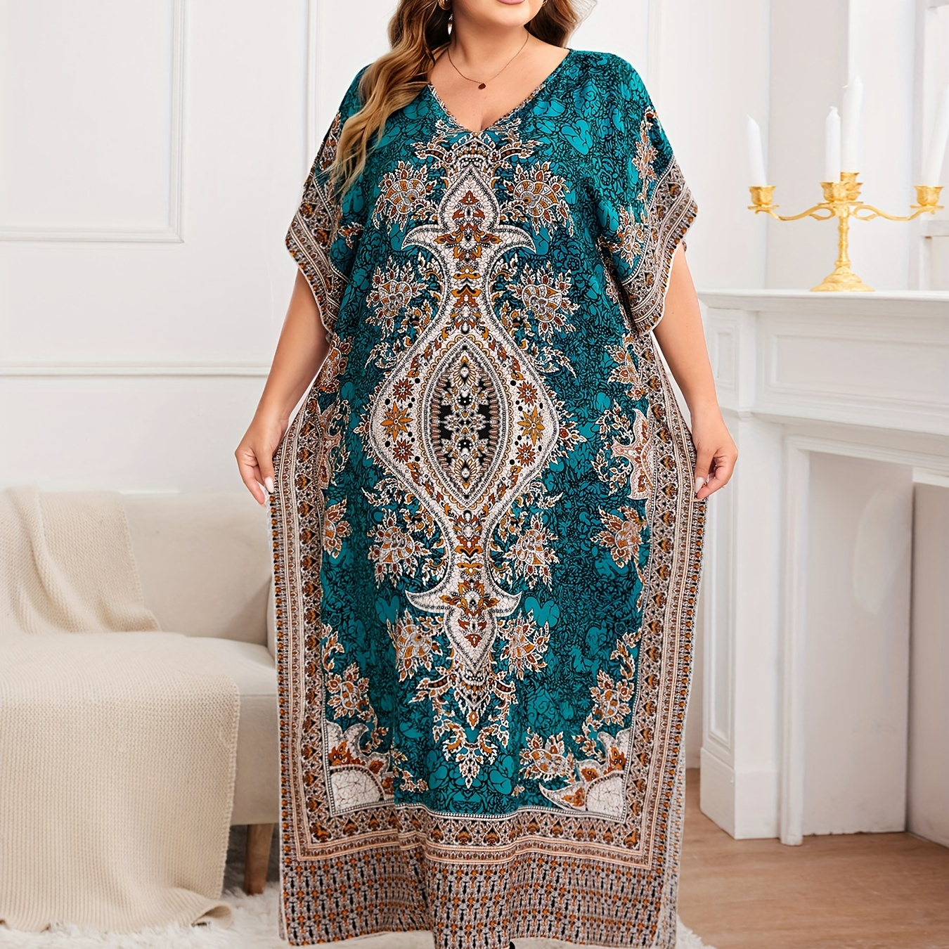 

Plus Size Ethnic Floral Print Loose Dress, Casual V Neck Batwing Sleeve Dress For Spring & Summer, Women's Plus Size Clothing