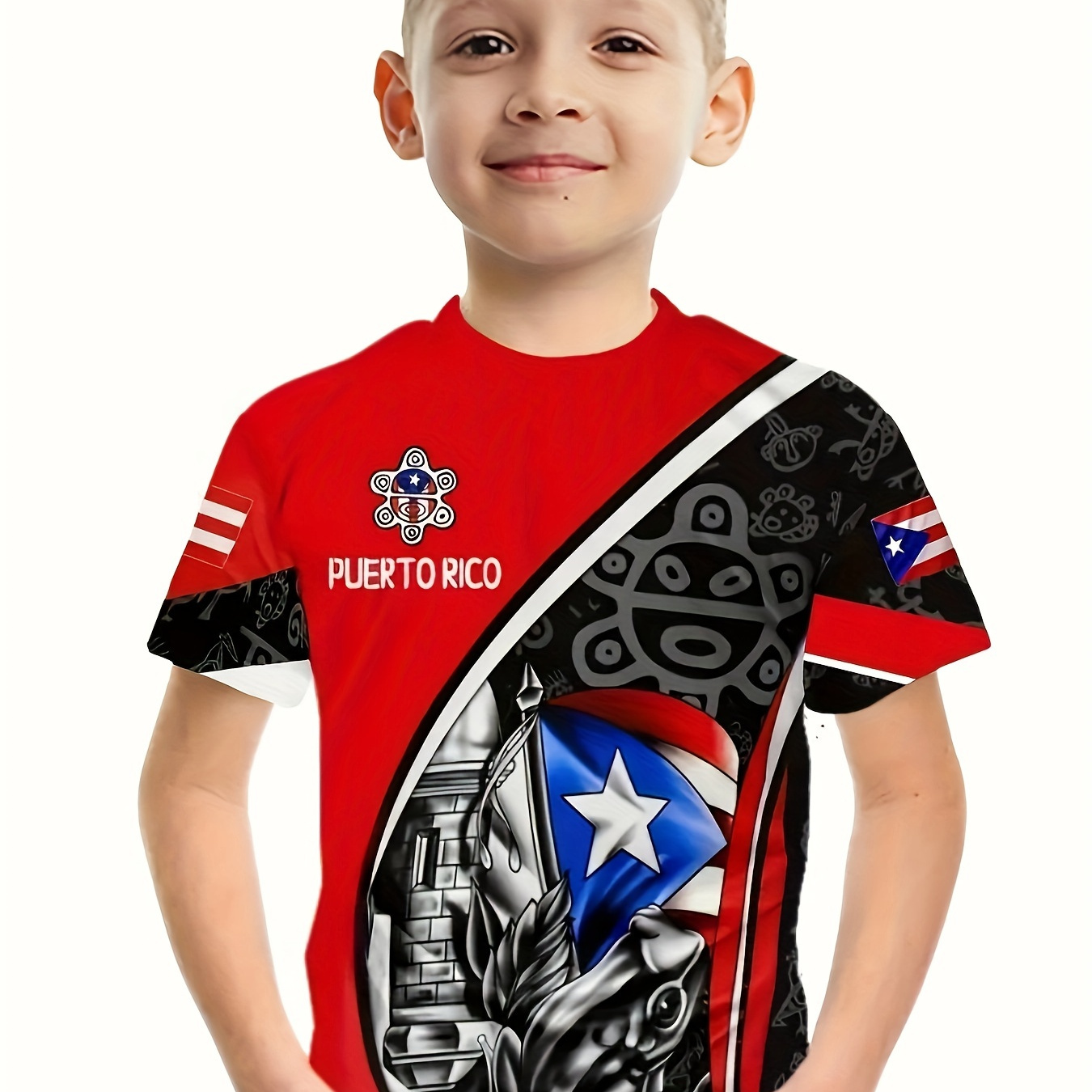 

Puerto Rico 3d Pattern Casual Tee Tops, Boy's Short Sleeve Comfy Versatile T-shirt For Summer Outdoor