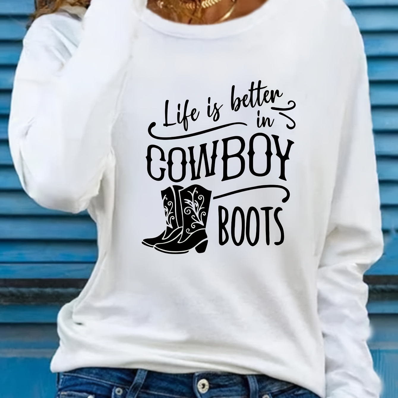 

Women's Long Sleeve Graphic T-shirt With Cowboy Boots Print - Casual Crew Neck Knit Polyester Top For Fall/winter