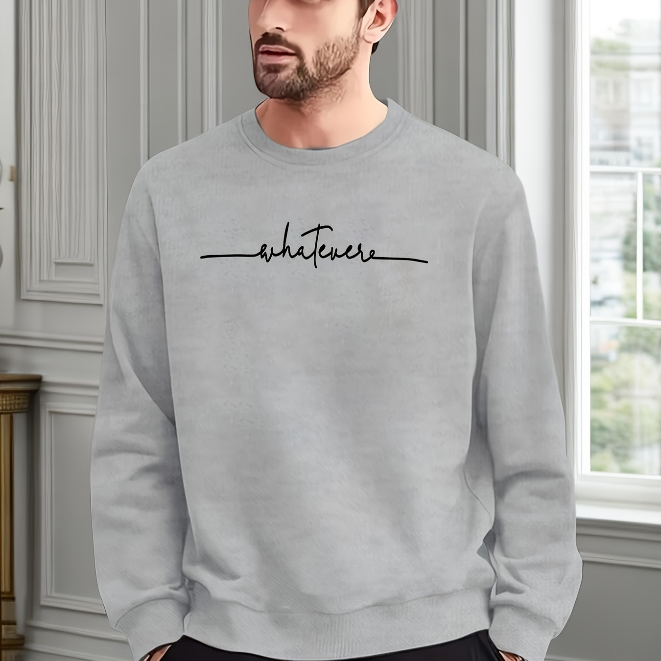 

Whatever Print Trendy Sweatshirt, Men's Casual Graphic Design Crew Neck Pullover Sweatshirt For Fall Winter