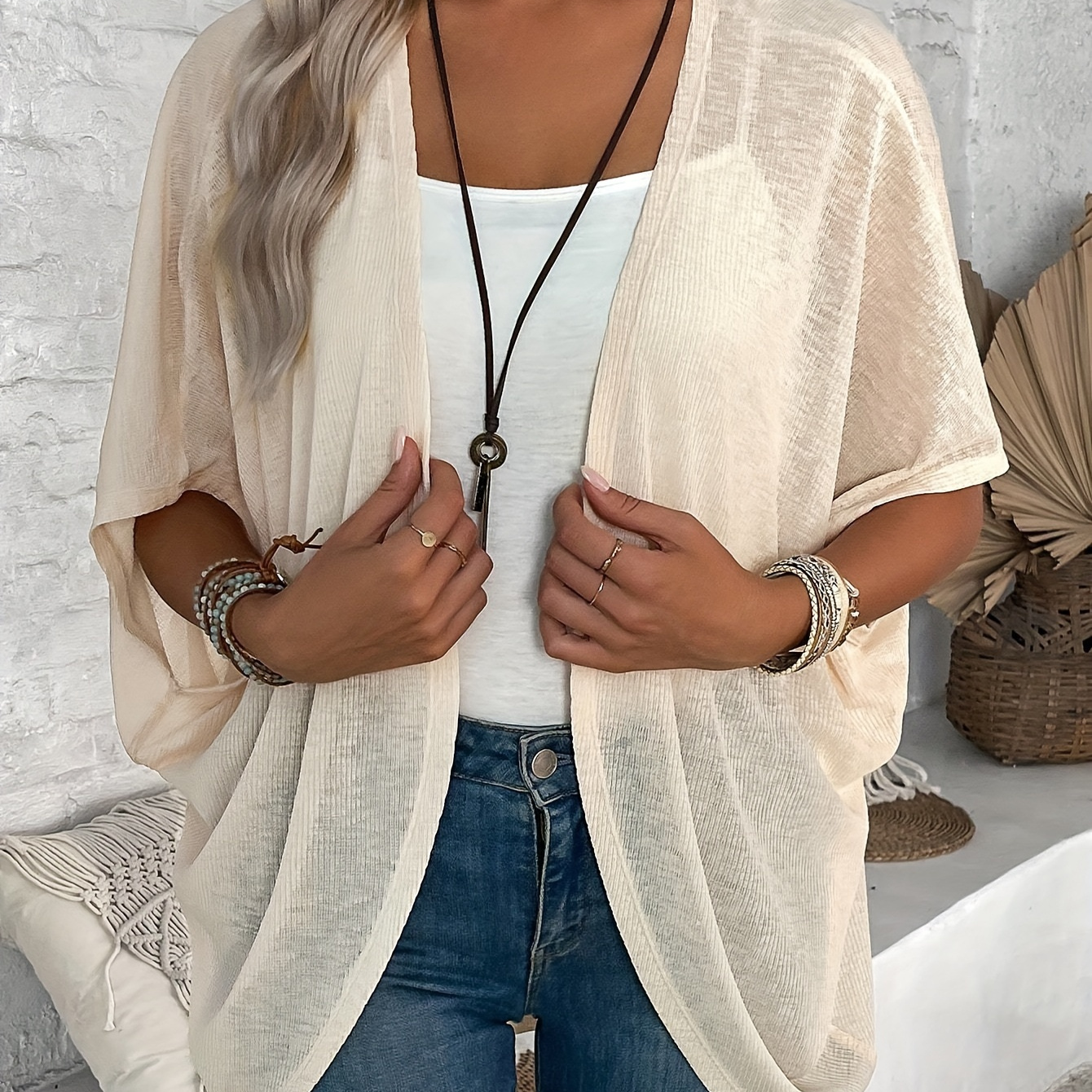 

Open Front Batwing Sleeve Cardigan, Solid Color Simple Cardigan For Spring & Fall, Women's Clothing