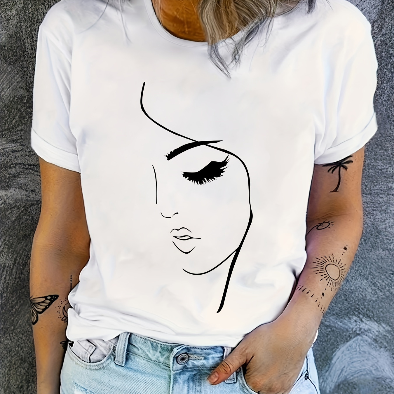 

Figure Graphic Print T-shirt, Short Sleeve Crew Neck Casual Top For Summer & Spring, Women's Clothing