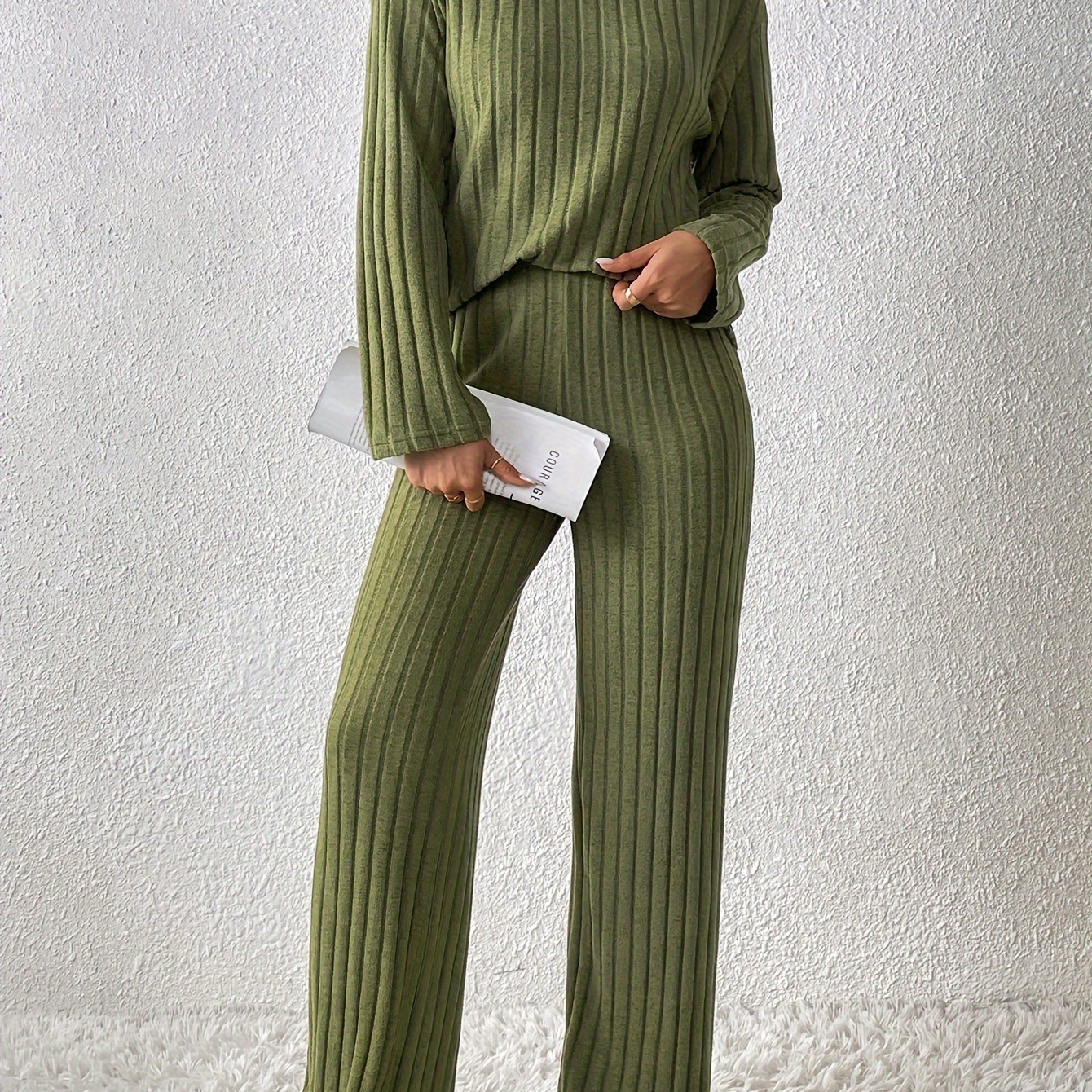 

Women's Ribbed Set, Long Sleeve Top & Pants, Relaxed Fall &