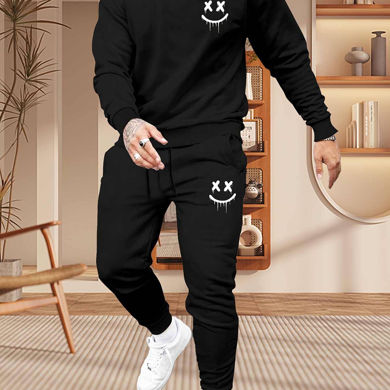 

2pcs Men's Casual Polyester Tracksuit Set, Crew Neck Sweatshirt And Joggers, Cartoon Print, Slight Stretch Knit Fabric, With Drawstring Detail, For Comfort