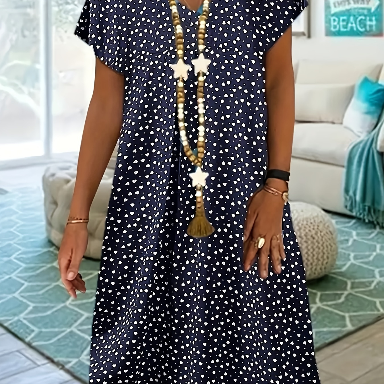

Polka Dot & Heart Print Dress, Casual V Neck Short Sleeve Dress, Women's Clothing