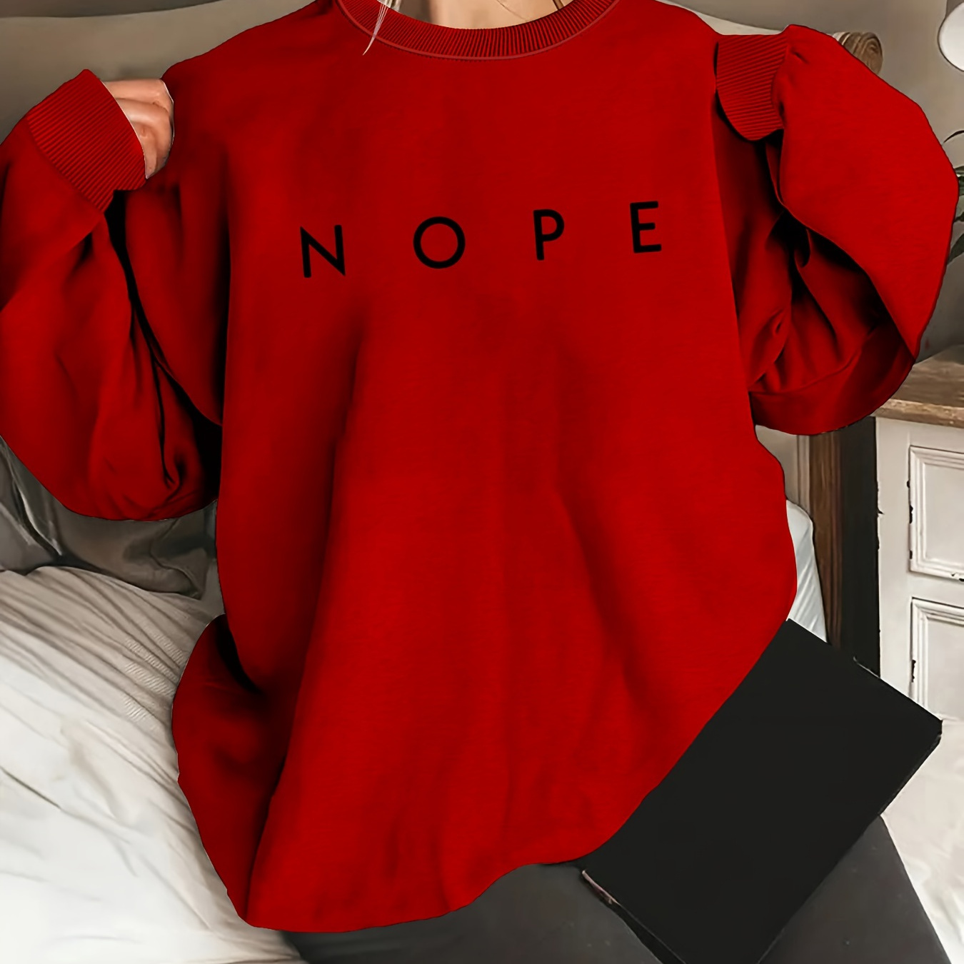 

Plus Size Nope Print Sweatshirt, Casual Long Sleeve Crew Neck Sweatshirt, Women's Plus Size Clothing