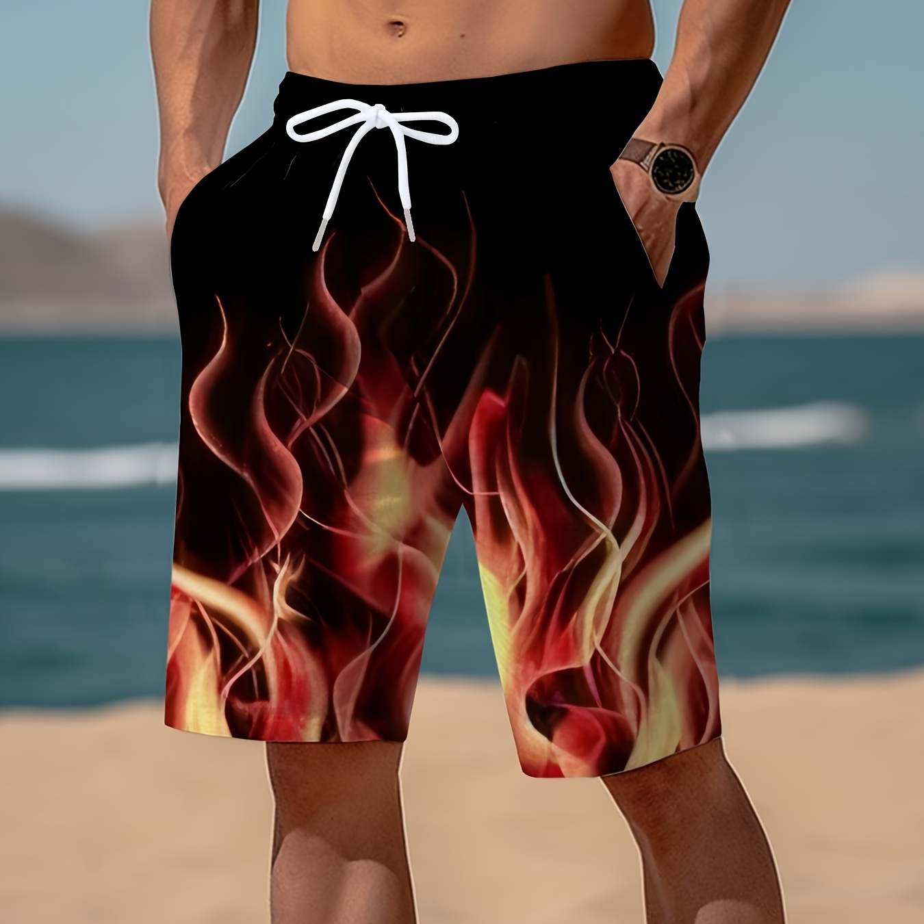 

Men's 3d Digital Fire Pattern Print Regular Fit Shorts With Drawstring, Casual And Stylish Sports Shorts Suitable For Summer Fitness And Outdoors Activities