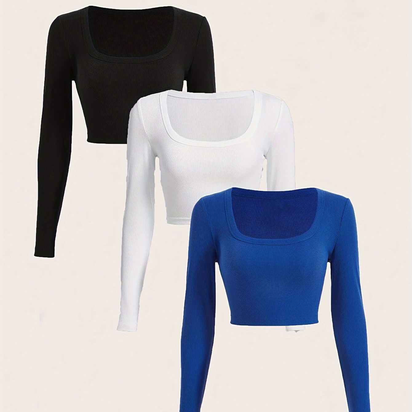 

3 Packs Ribbed Square Neck Crop T-shirts, Casual Long Sleeve Top For Spring & Fall, Women's Clothing