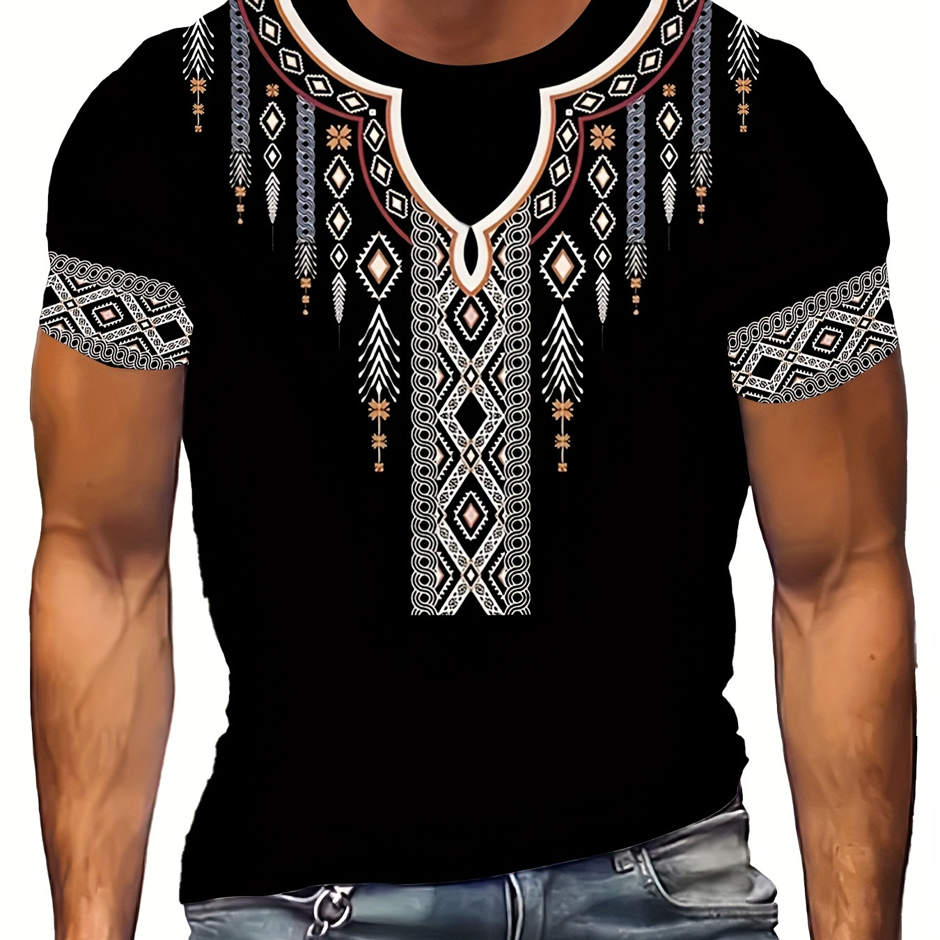 

Men's Ethnic T-shirt, Casual Short Sleeve Crew Neck Tee, Men's Clothing For Summer Outdoor