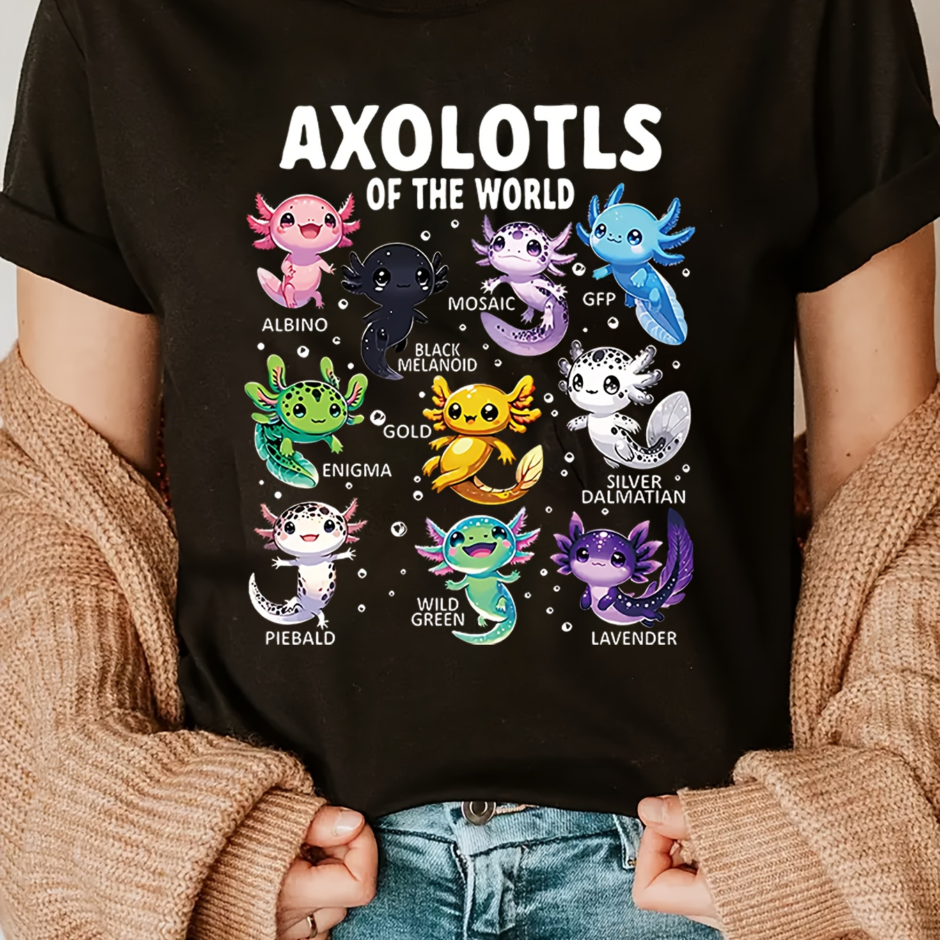 

Axolotl Cartoon Print T-shirt For Women - Casual Polyester Knit Fabric, Round Neck, Comfort, Novelty , Regular Fit