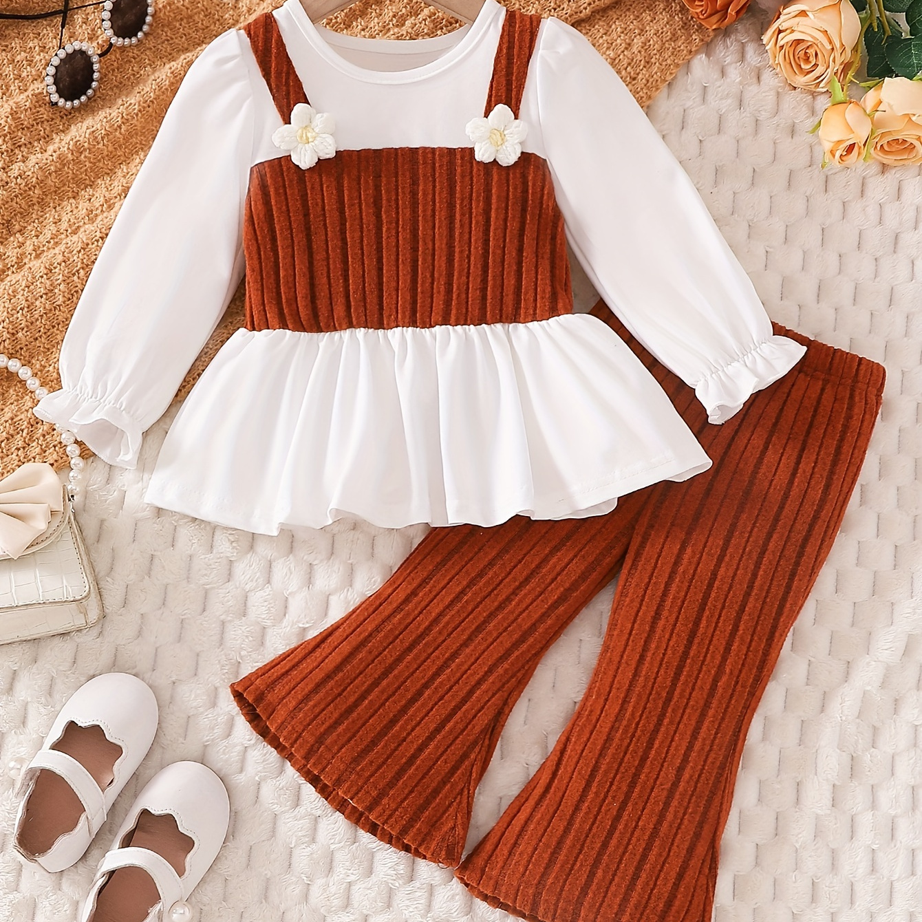 

2pcs, Newborn Girl's Trendy Long Sleeves Flowers Applique Ruffle + Ribbed Flared Pants Co Ord Set For Fall And Winter Outdoor Wear, As Gifts