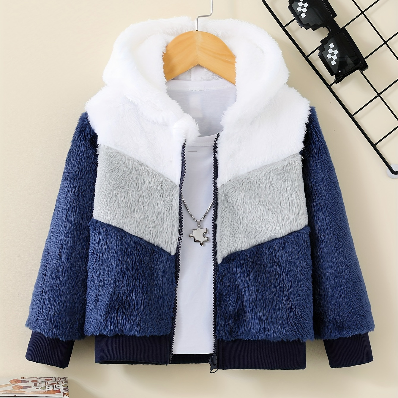 

Kid's Fuzzy Fleece Hooded Jacket, Color Clash Warm Zipper Coat, Boy's Clothes For Spring Fall Outdoor