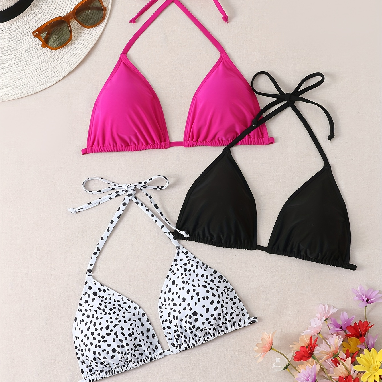 

3-piece Women's Bikini Tops Set, Sexy V-neck Halter Swimwear, Adjustable Tie-back, Assorted Colors