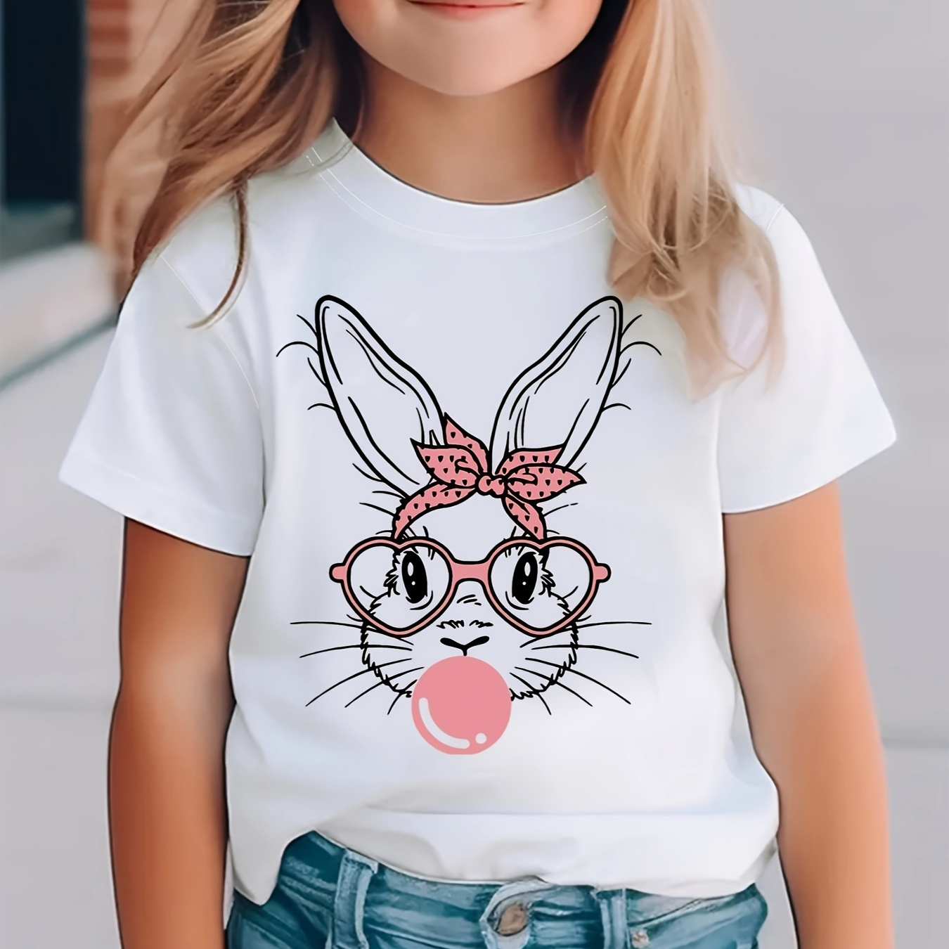 

Rabbit Bubble Gum Print Girl's Cute T-shirt, Casual Short Sleeve Comfortable Versatile Tee Tops For Summer