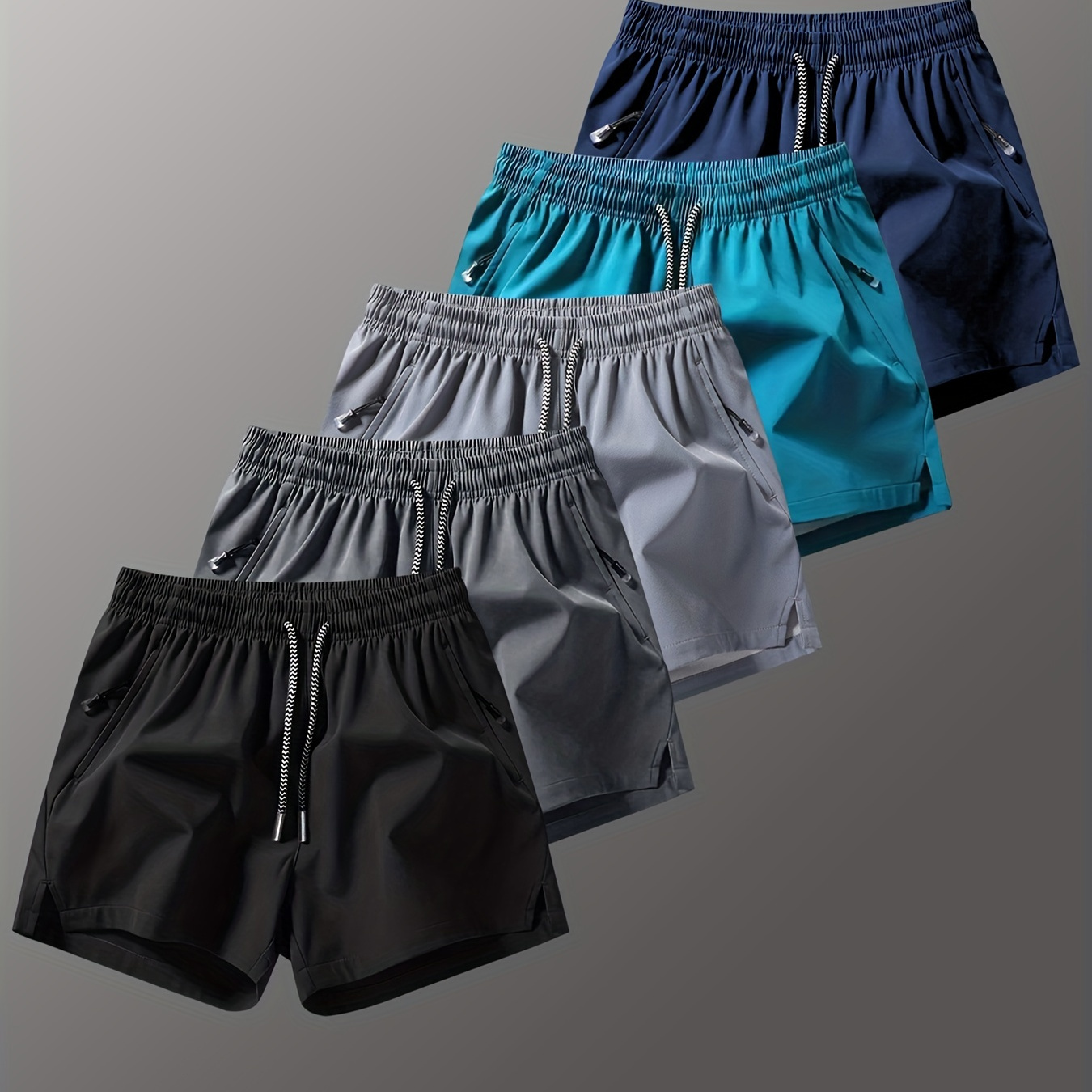 

Obm Men's Running Shorts, 5pcs, Split With Drawstring And Zipper Pockets, Suitable For Beach Wear.