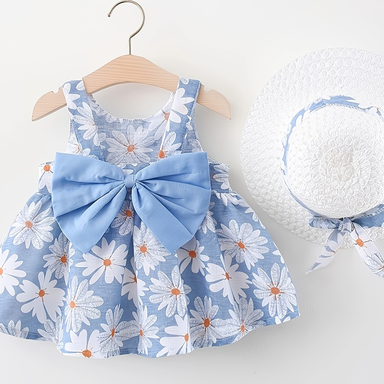 

Summer Cute Flower Print Big Bow Baby Girls Sweet Dress With Gift Hat Set