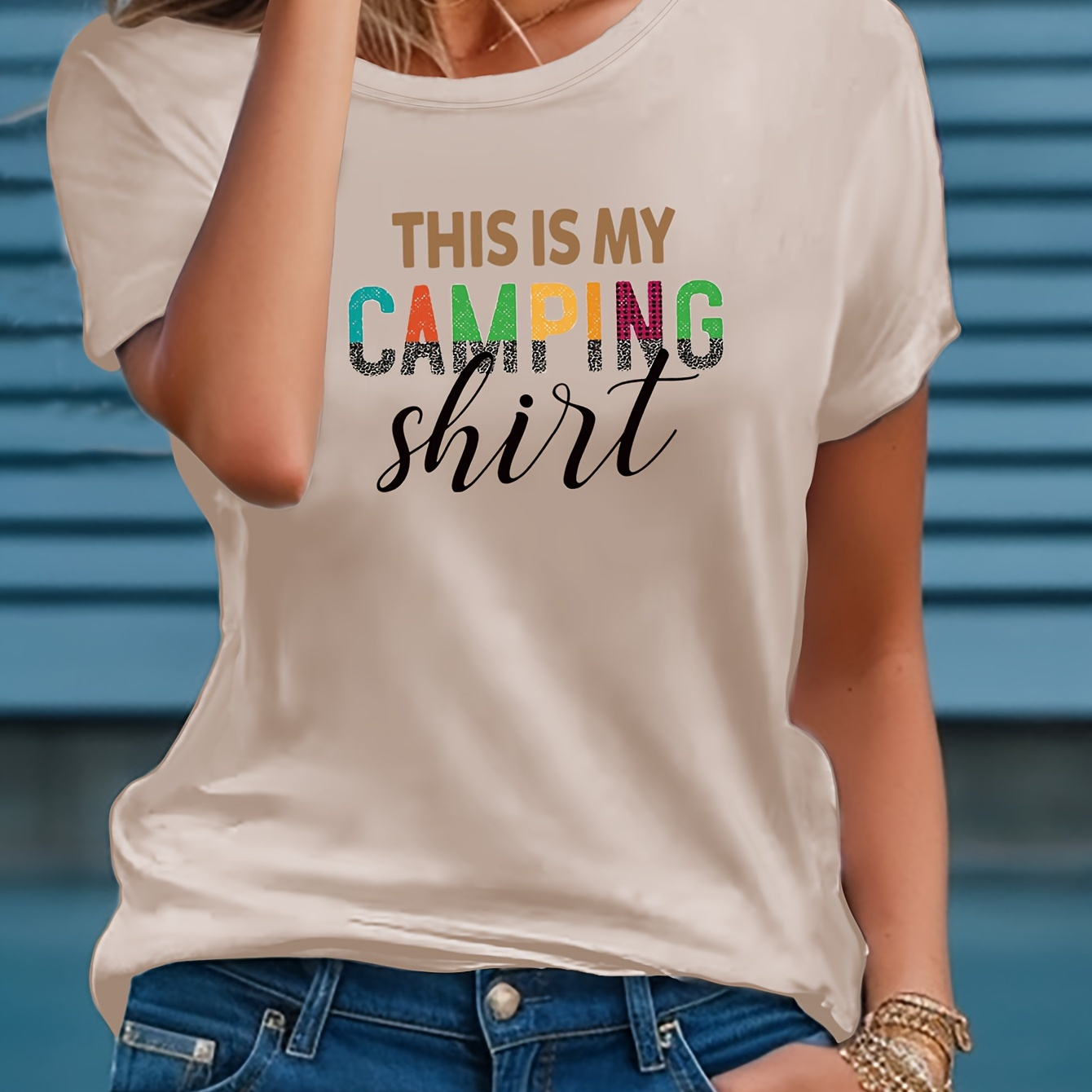 

Camping Letter Print T-shirt, Short Sleeve Crew Neck Casual Top For Summer & Spring, Women's Clothing