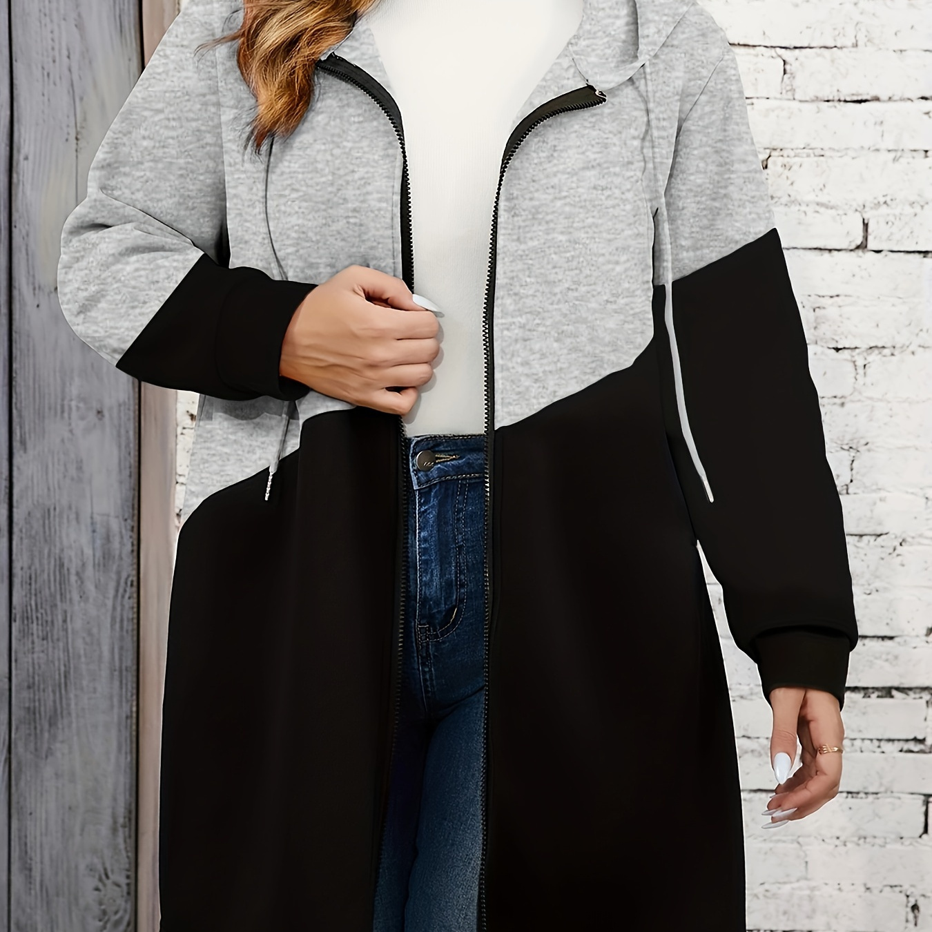 

Plus Size Patchwork Hooded Coat With Drawstring - Casual Polyester Knit Jacket With Elastane, Cardigan Collar, Medium Stretch For Fall/winter