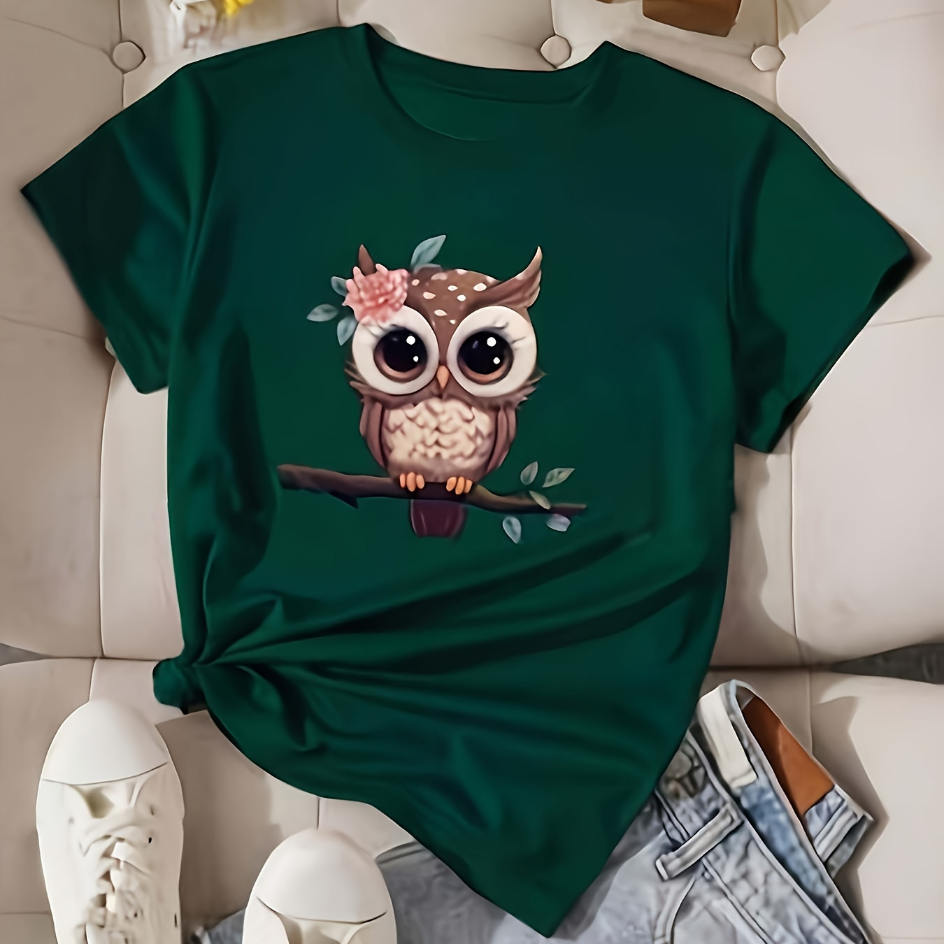 

Cute Owl Print T-shirt For Women - Casual Polyester Knit Fabric With Round Neckline, All-season Geometric Pattern, Regular Fit With Applique Detail