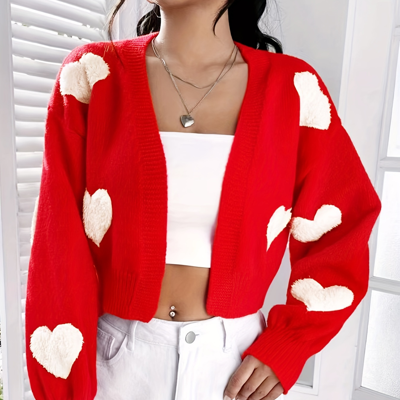 

Heart Pattern Open Front Cardigan, Valentine's Day Long Sleeve Outwear For Spring & Fall, Women's Clothing