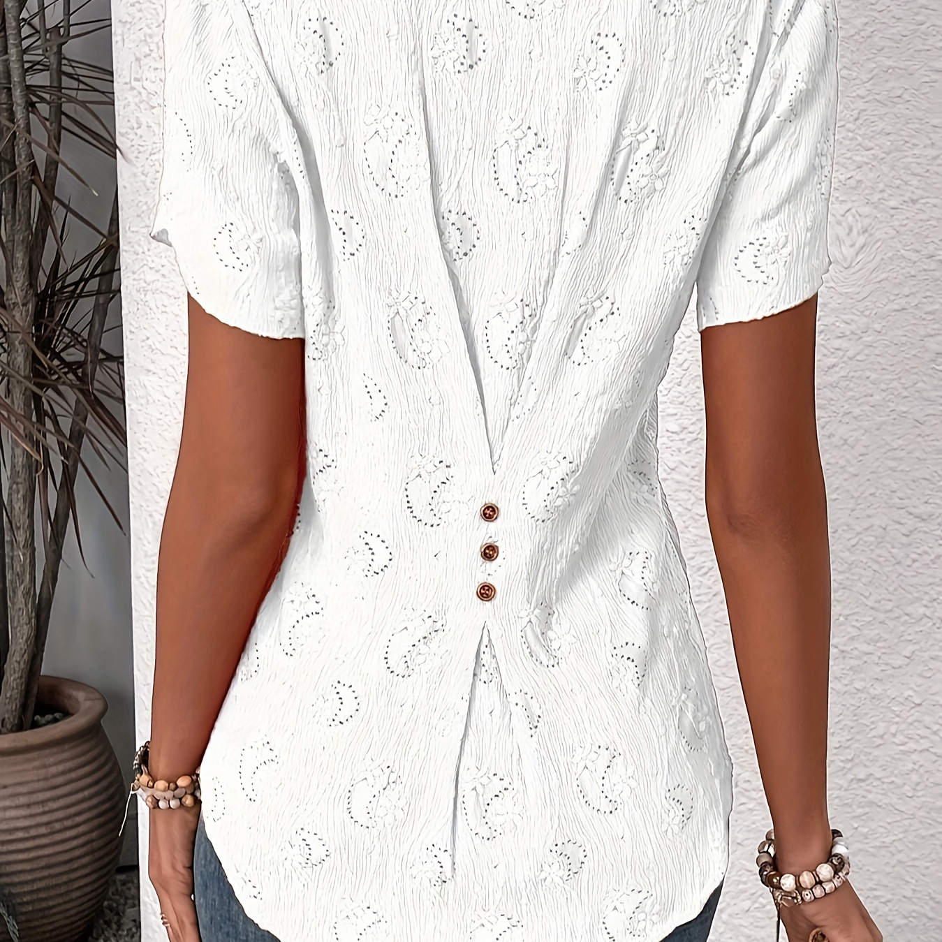 

Hollow Out Notched Neck Blouse, Elegant Petal Sleeve Blouse For Spring & Summer, Women's Clothing