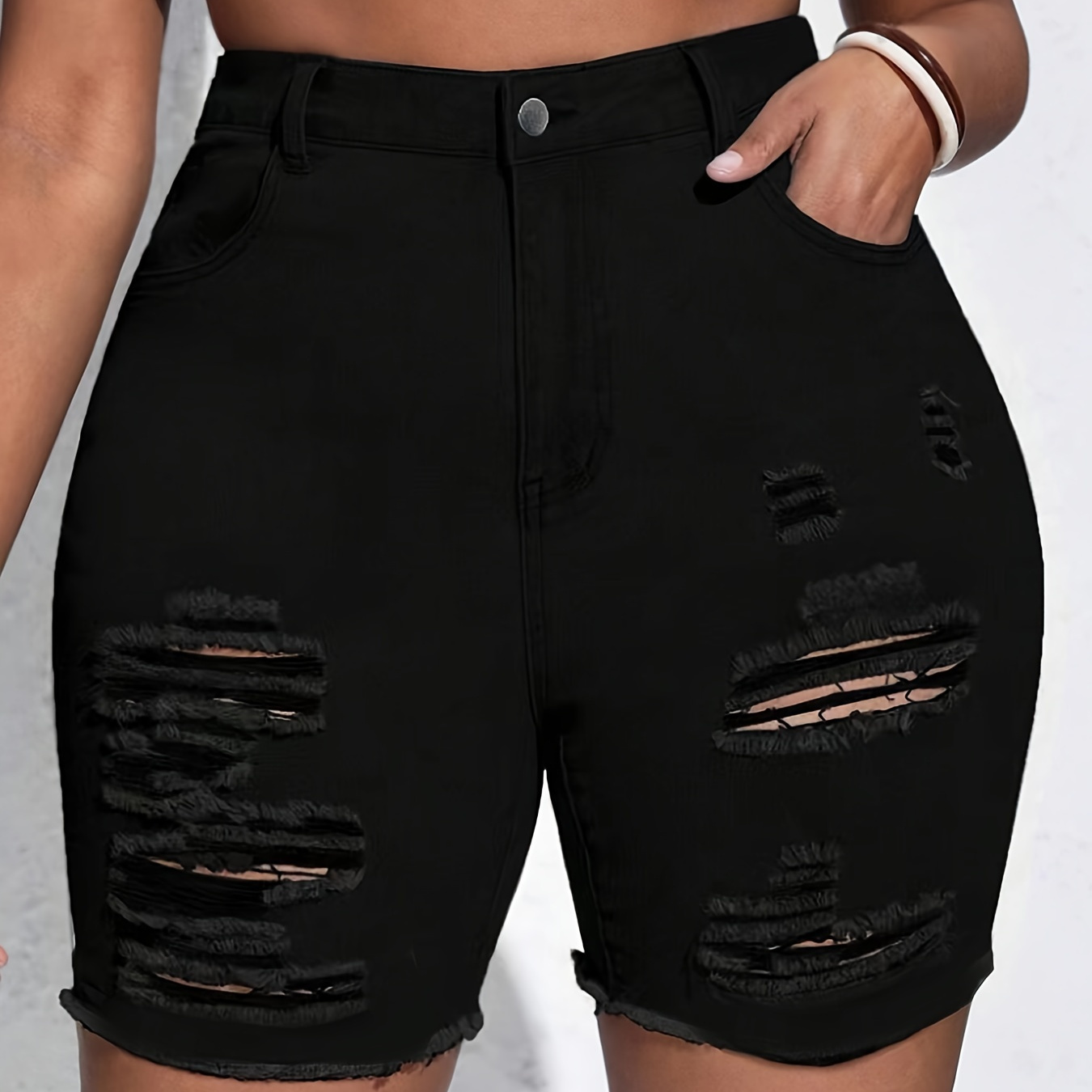 

Plus Size Ripped Raw Hem Denim Shorts, Distressed Black Color Denim Shorts, Women's Denim Jeans & Clothing