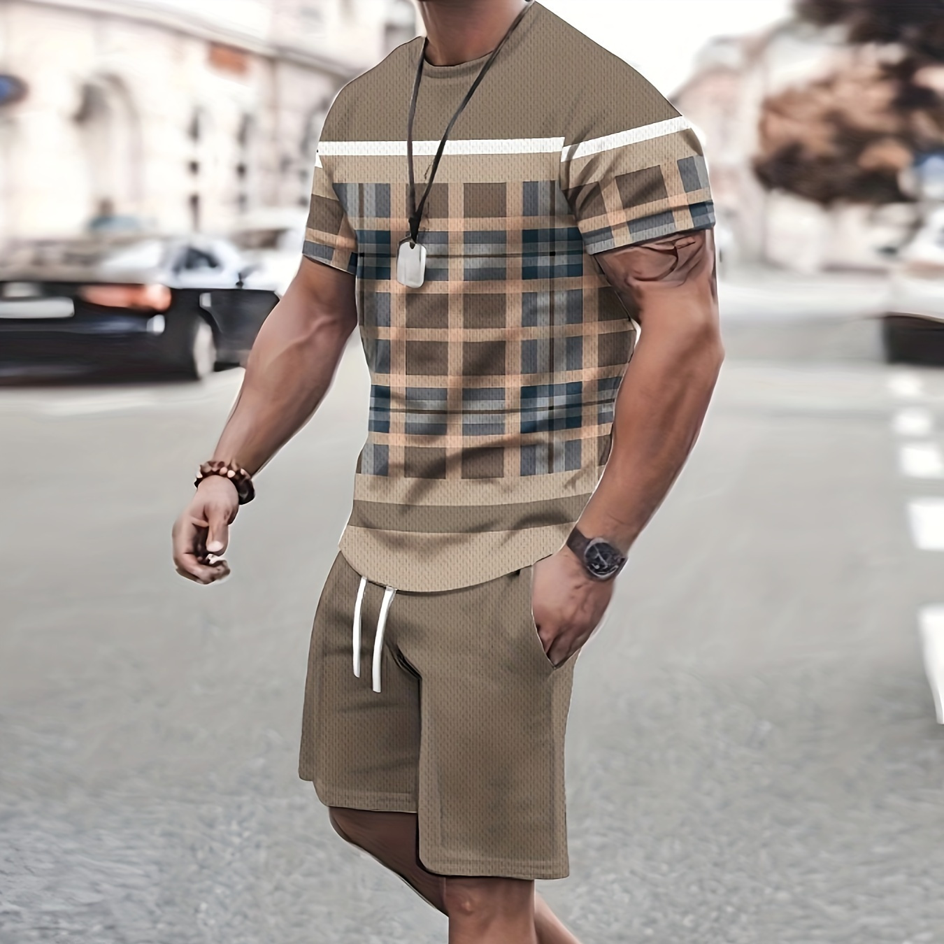 

2pcs Trendy Plaid Outfits For Men, Casual Crew Neck Short Sleeve T-shirt And Shorts Set For Summer, Men's Clothing Vacation Workout