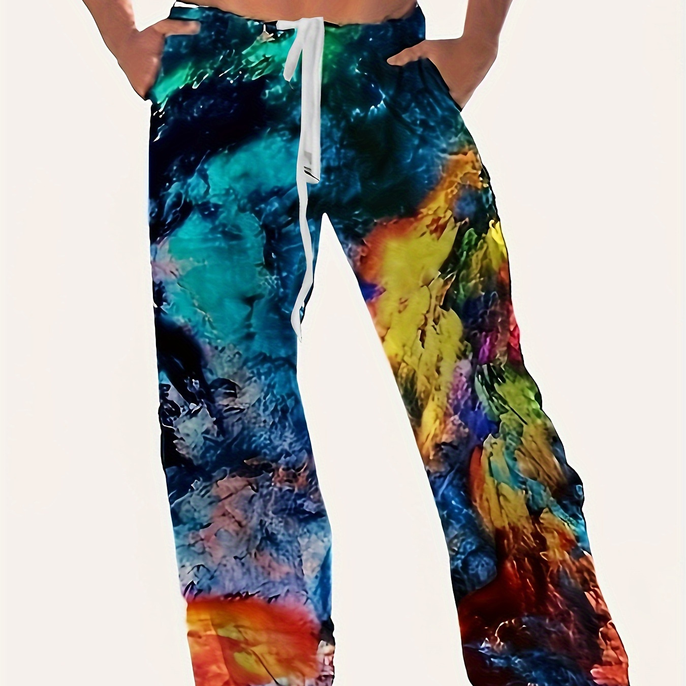 

Tie Dye Color Men's Chic Daily Long Drawstring Pants, Spring Fall Outdoor, Street Style