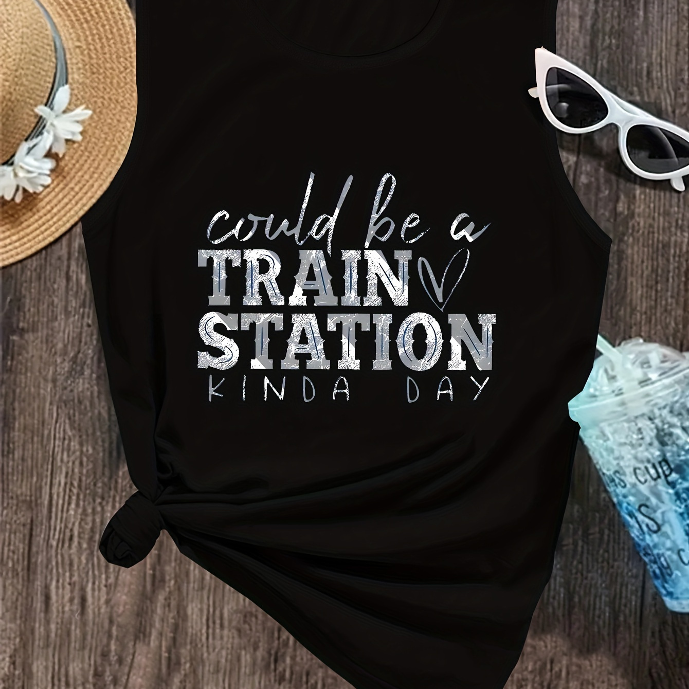 

Train Station Print Crew Neck Tank Top, Casual Sleeveless Top For Summer & Spring, Women's Clothing