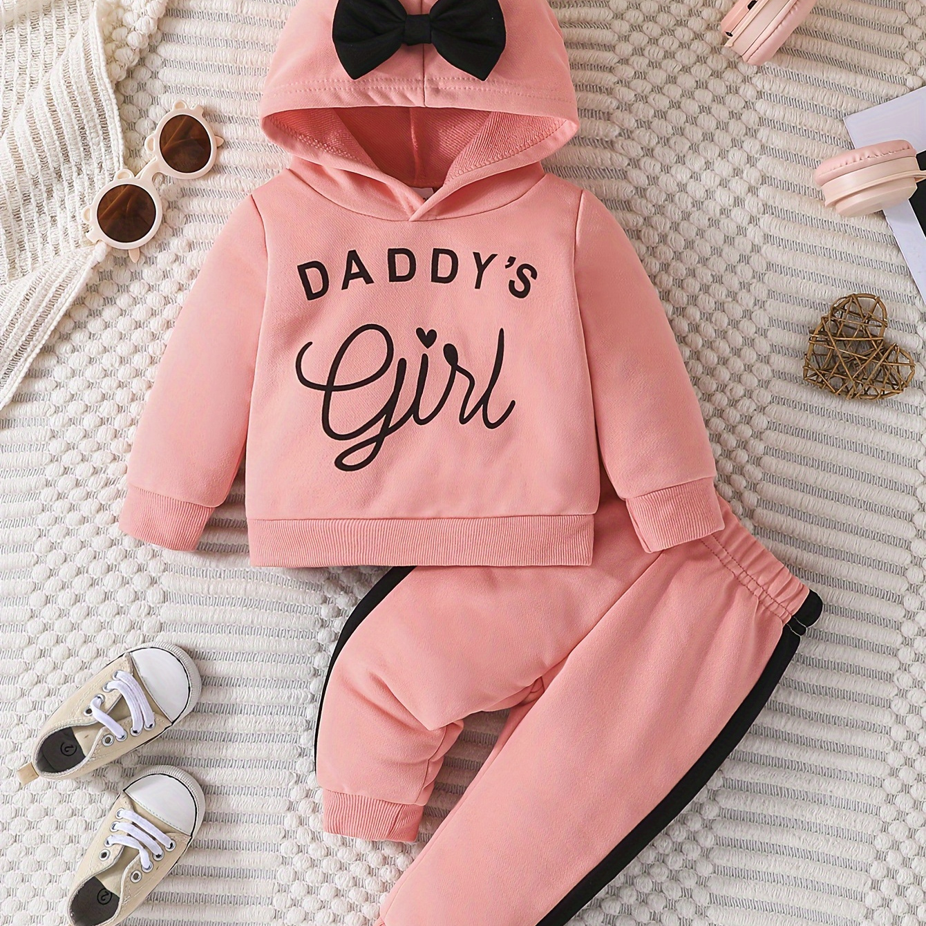 

Two- And New English Letter Hooded Sweatshirt Bow Trousers Combination