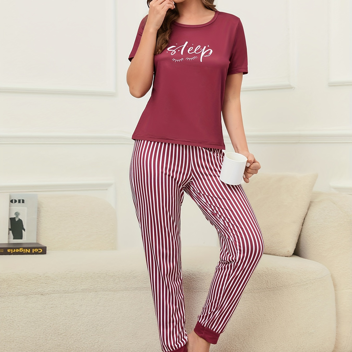 

Letter Print Lounge Set, Short Sleeve Top & Striped Pants, Women's Loungewear & Sleepwear