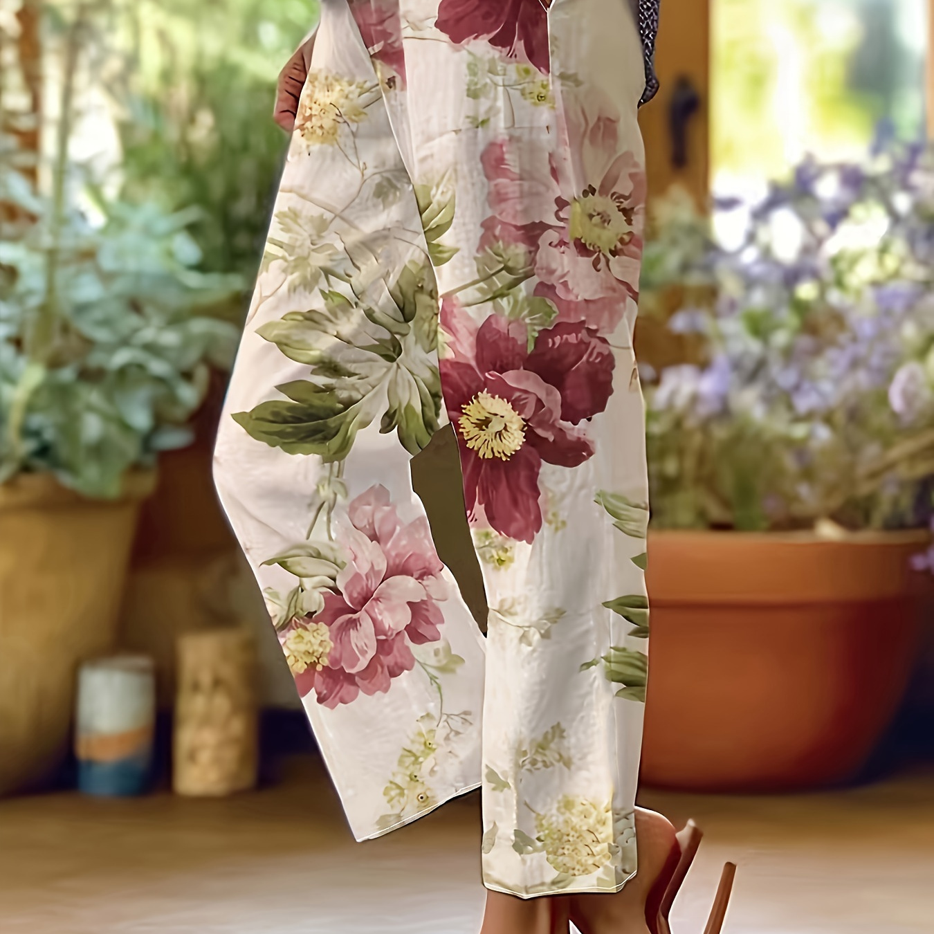 

Pantalon droit à imprimé floral grande taille, pantalon décontracté à poches obliques pour le printemps et l'été, vêtements grande taille pour femmes