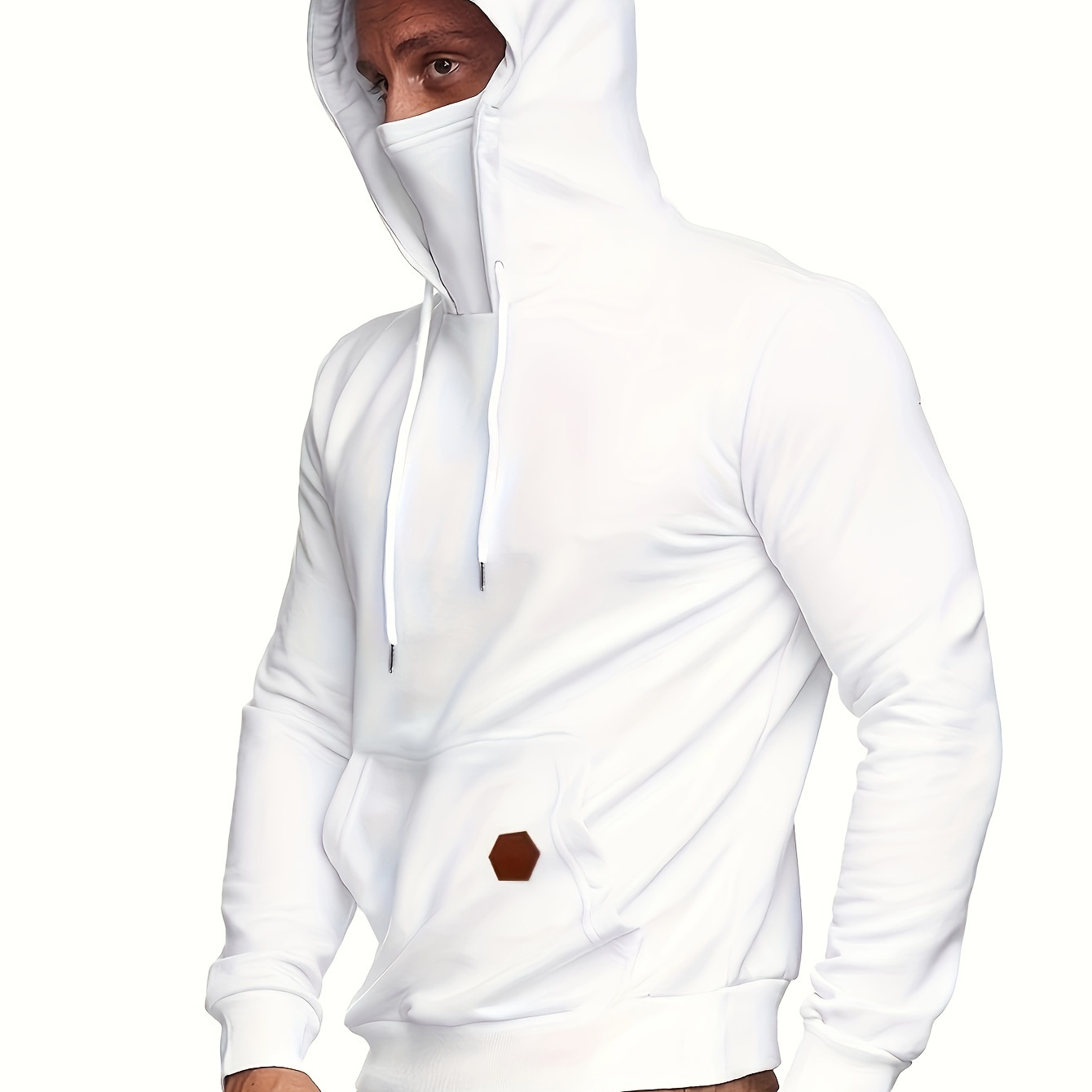 Face Cover Casual Men's Hoodie Drawstring Hooded Sweatshirt, White, M