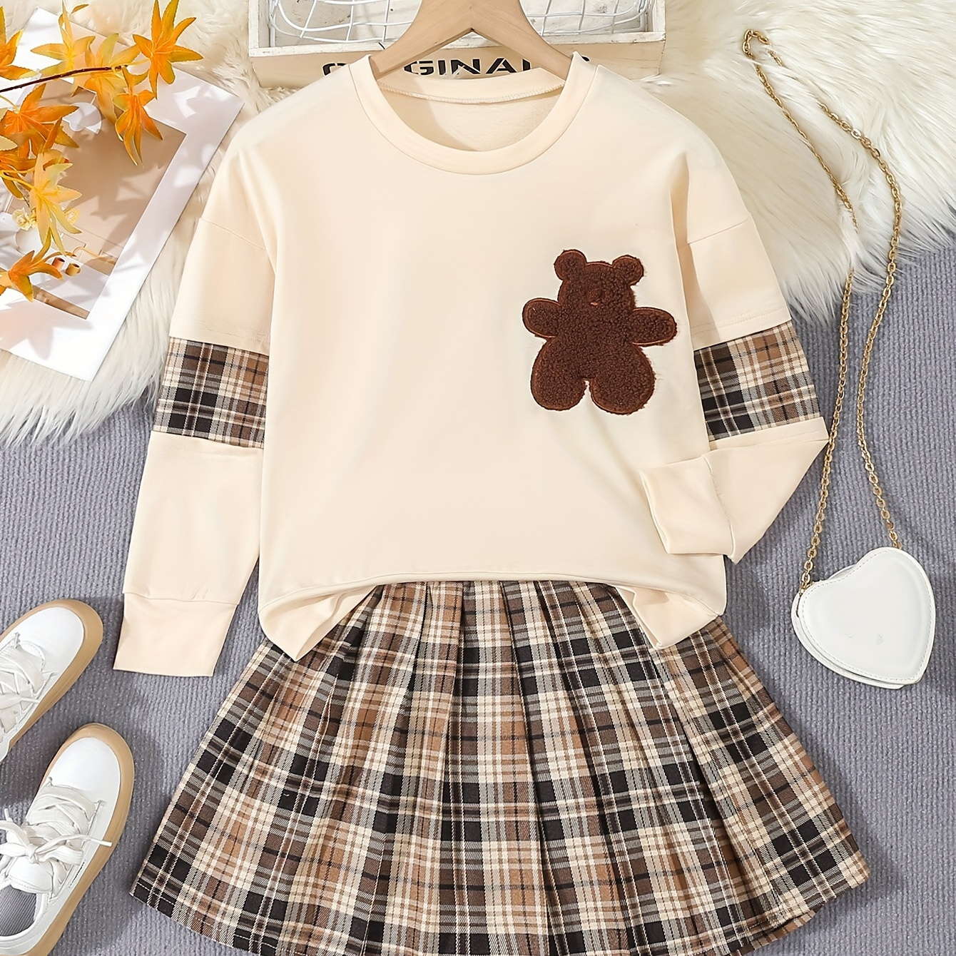 

2pcs, Bear Embellished Pattern Long Sleeve Tee Shirt & Plaid Skirt For Girls