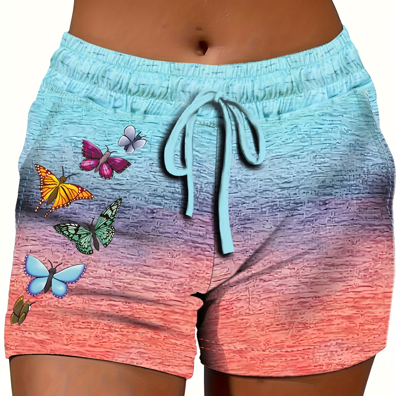 

Butterfly Print Ombre Shorts, Casual Drawstring Waist Sporty Shorts With Pocket, Women's Clothing