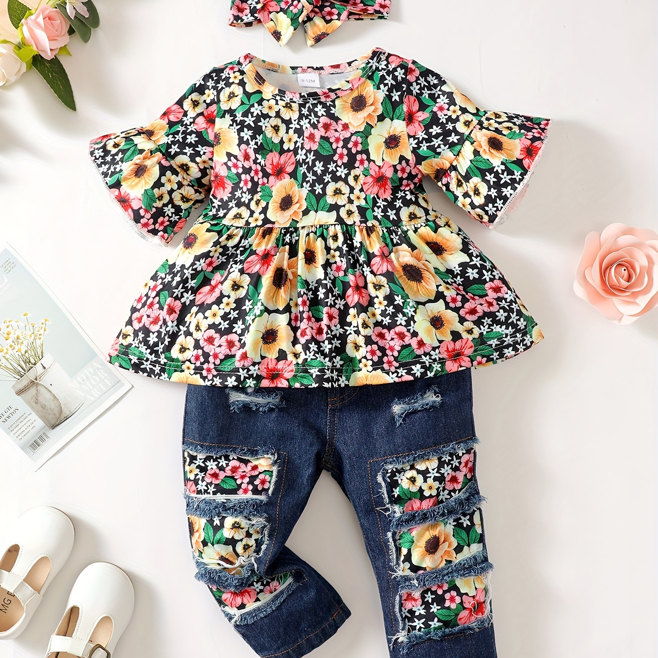 

Baby's Flower Full Print 2pcs Casual Outfit, Trumpet Sleeve Peplum Top & Patchwork Jeans & Headband Set, Toddler & Infant Girl's Clothes For Daily Wear